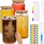 Naeety Glass Cups with Bamboo Lids and Glass Straw, Drinking Glasses Set of 4-16 Oz Beer Can Shaped Glass Cups, Iced Coffee Glasses, Tumbler Cup for Smoothie, Cocktail, Whiskey - 3 Cleaning Brushes